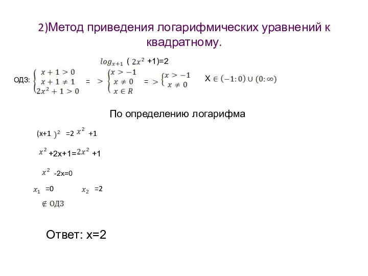 2)Метод приведения логарифмических уравнений к квадратному. ( +1)=2 ОДЗ: = = X По