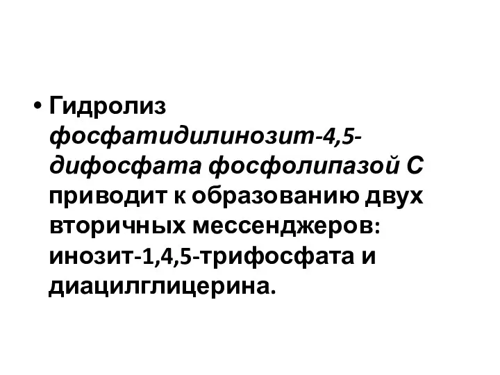 Гидролиз фосфатидилинозит-4,5-дифосфата фосфолипазой С приводит к образованию двух вторичных мессенджеров: инозит-1,4,5-трифосфата и диацилглицерина.