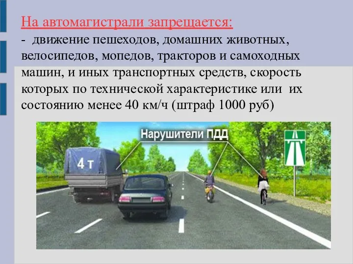 На автомагистрали запрещается: - движение пешеходов, домашних животных, велосипедов, мопедов,