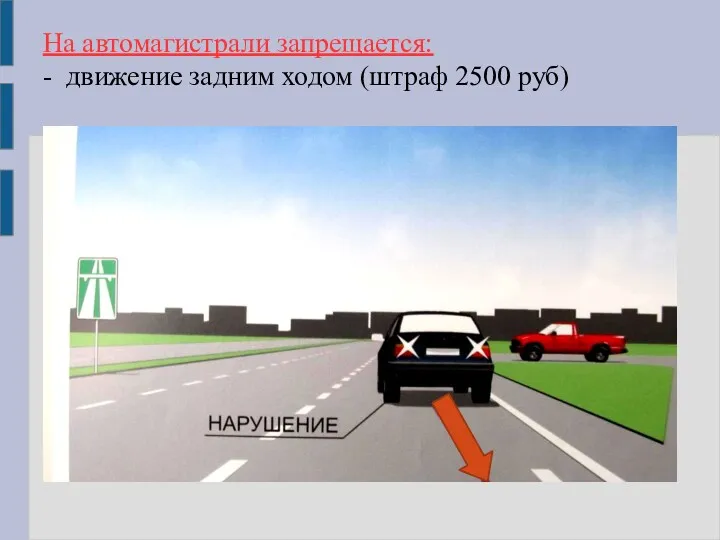 На автомагистрали запрещается: - движение задним ходом (штраф 2500 руб)
