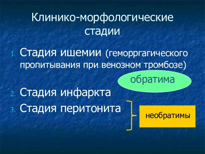 Клинико-морфологические стадии Стадия ишемии (геморргагического пропитывания при венозном тромбозе) Стадия инфаркта Стадия перитонита необратимы обратима