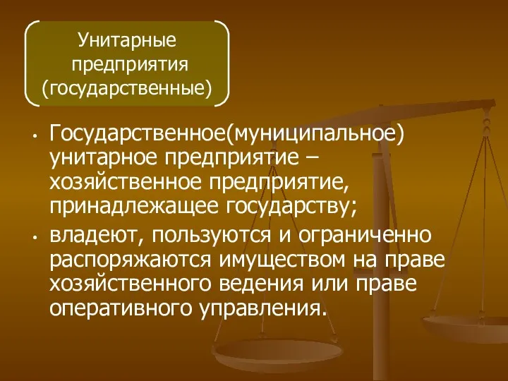 Государственное(муниципальное) унитарное предприятие – хозяйственное предприятие, принадлежащее государству; владеют, пользуются