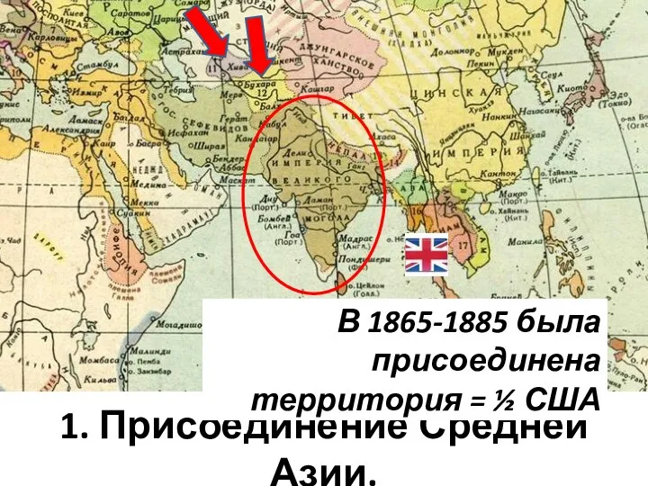 1. Присоединение Средней Азии. В 1865-1885 была присоединена территория = ½ США