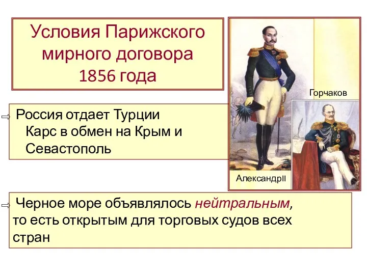 Условия Парижского мирного договора 1856 года Россия отдает Турции Карс