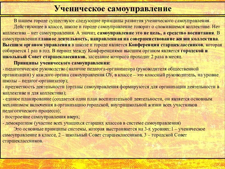 В нашем городе существуют следующие принципы развития ученического самоуправления. Действующее