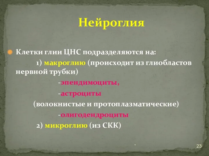 Клетки глии ЦНС подразделяются на: 1) макроглию (происходит из глиобластов