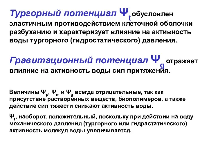 Тургорный потенциал Ψt обусловлен эластичным противодействием клеточной оболочки разбуханию и