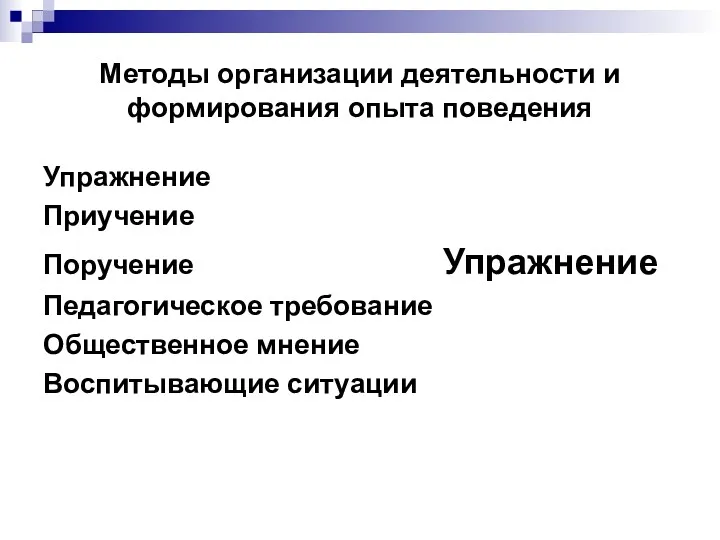 Методы организации деятельности и формирования опыта поведения Упражнение Приучение Поручение