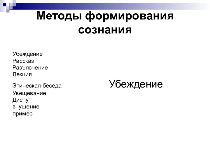 Методы формирования сознания Убеждение Рассказ Разъяснение Лекция Этическая беседа Убеждение Увещевание Диспут внушение пример