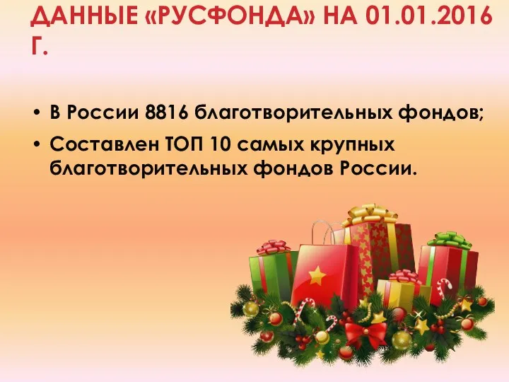 ДАННЫЕ «РУСФОНДА» НА 01.01.2016Г. В России 8816 благотворительных фондов; Составлен