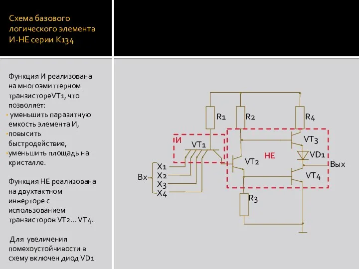 Схема базового логического элемента И-НЕ серии К134 Функция И реализована