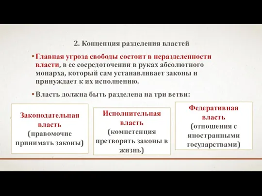 2. Концепция разделения властей Главная угроза свободы состоит в неразделенности