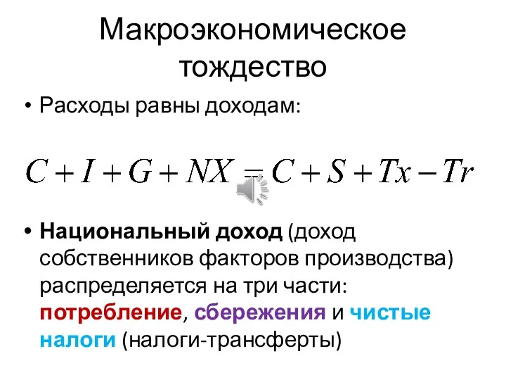 Макроэкономическое тождество Расходы равны доходам: Национальный доход (доход собственников факторов