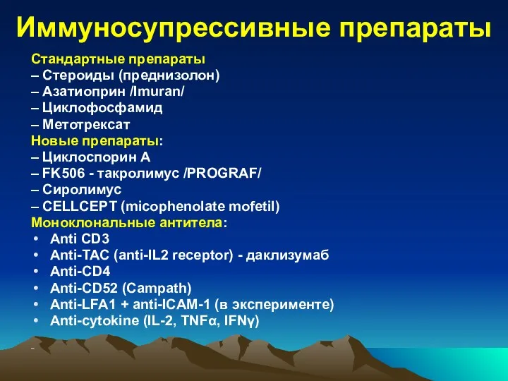 Иммуносупрессивные препараты Стандартные препараты – Стероиды (преднизолон) – Азатиоприн /Imuran/