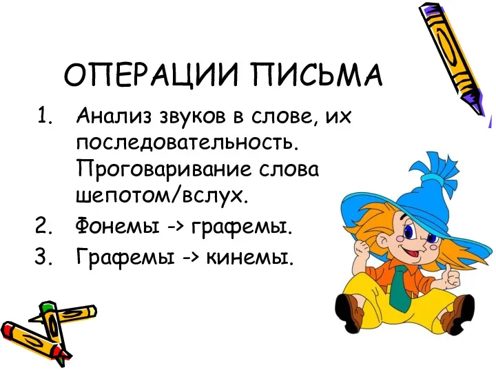 ОПЕРАЦИИ ПИСЬМА Анализ звуков в слове, их последовательность. Проговаривание слова