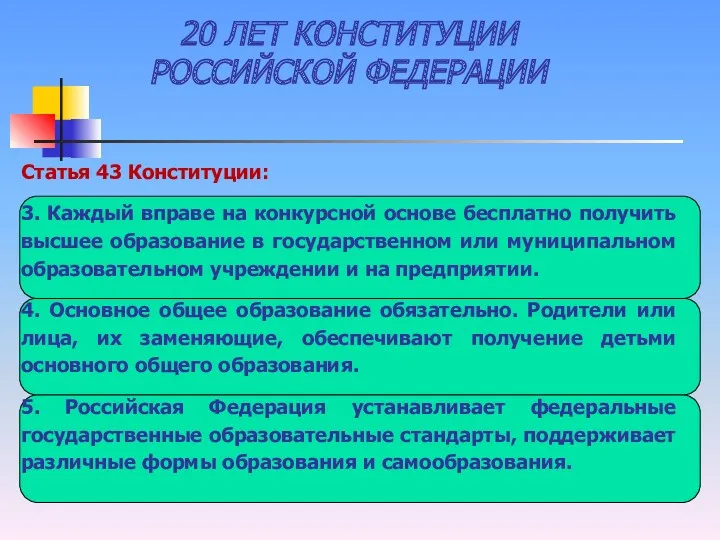 20 ЛЕТ КОНСТИТУЦИИ РОССИЙСКОЙ ФЕДЕРАЦИИ Статья 43 Конституции: 3. Каждый