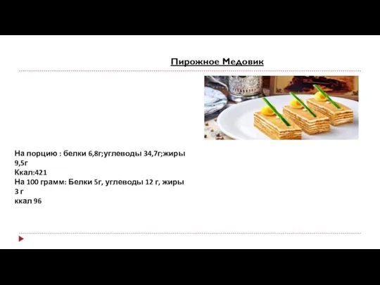 Пирожное Медовик На порцию : белки 6,8г;углеводы 34,7г;жиры 9,5г Ккал:421 На 100 грамм: