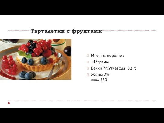 Тарталетки с фруктами Итог на порцию : 145грамм Белки 7г;Углеводы 32 г; Жиры 22г ккал 350