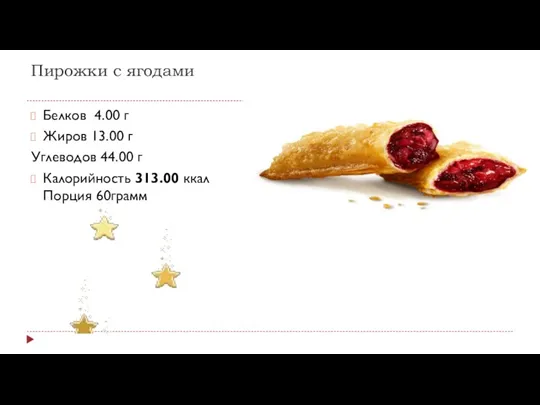 Пирожки с ягодами Белков 4.00 г Жиров 13.00 г Углеводов 44.00 г Калорийность
