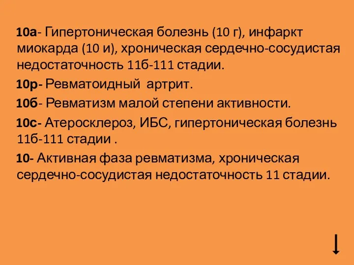 10а- Гипертоническая болезнь (10 г), инфаркт миокарда (10 и), хроническая