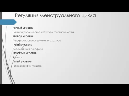 Регуляция менструального цикла ПЕРВЫЙ УРОВЕНЬ Надгипоталамические структуры головного мозга ВТОРОЙ