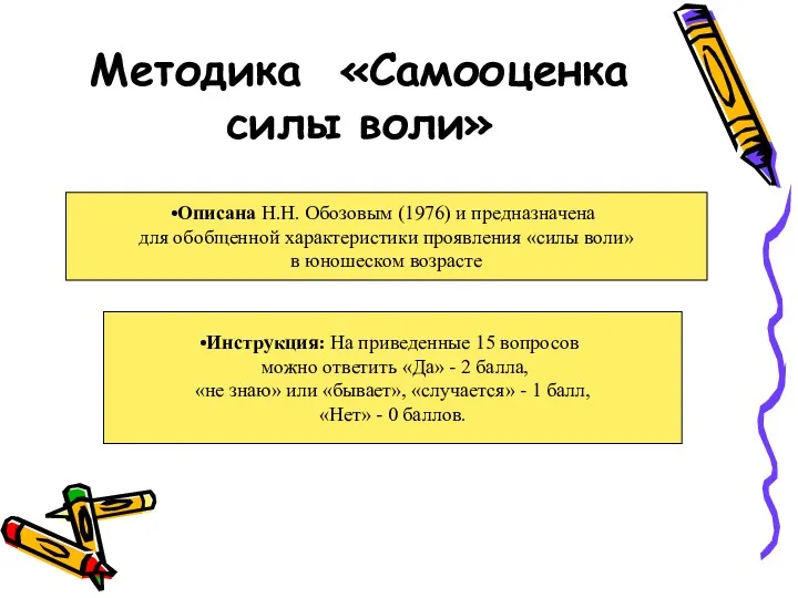 Методика «Самооценка силы воли» Описана Н.Н. Обозовым (1976) и предназначена