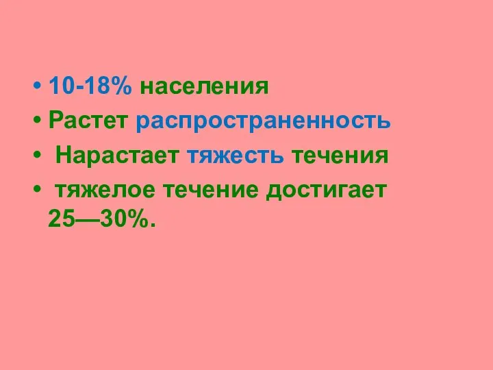 10-18% населения Растет распространенность Нарастает тяжесть течения тяжелое течение достигает 25—30%.