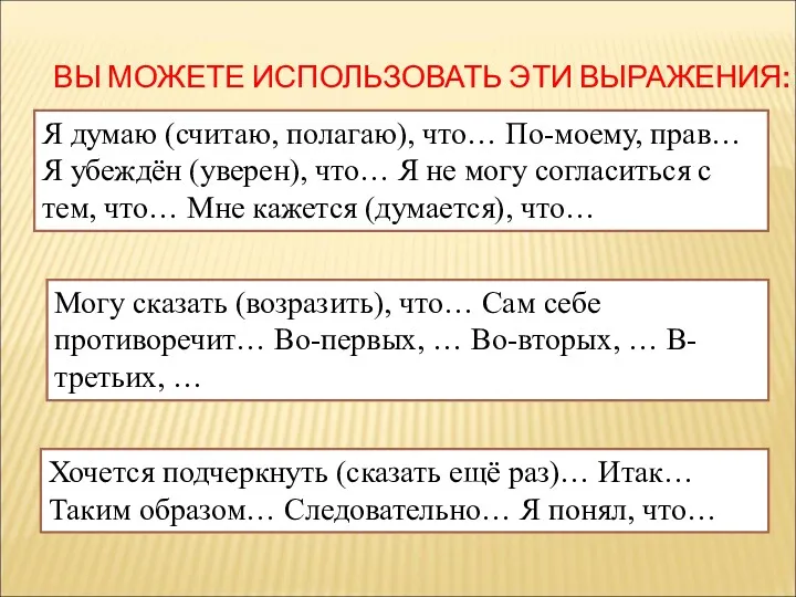 Я думаю (считаю, полагаю), что… По-моему, прав… Я убеждён (уверен),