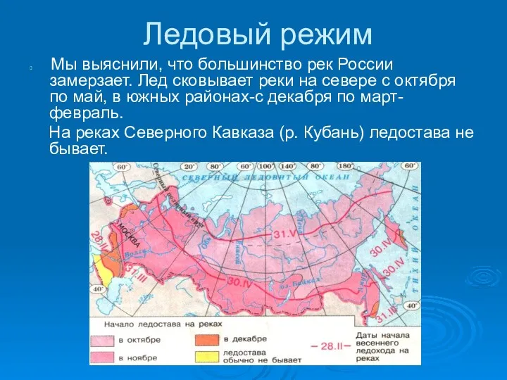 Ледовый режим Мы выяснили, что большинство рек России замерзает. Лед