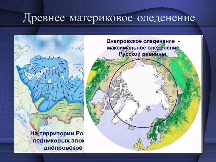 Древнее материковое оледенение На территории России прослеживаются следы трех ледниковых эпох в четвертичный