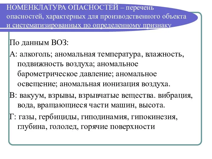 НОМЕНКЛАТУРА ОПАСНОСТЕЙ – перечень опасностей, характерных для производственного объекта и