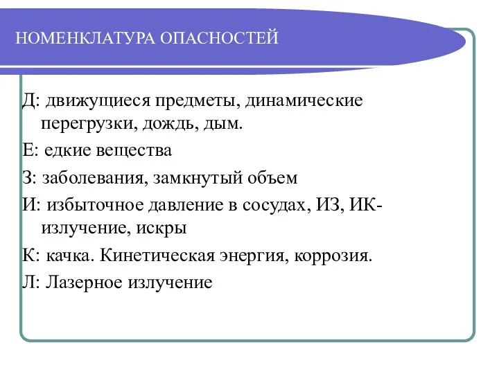 НОМЕНКЛАТУРА ОПАСНОСТЕЙ Д: движущиеся предметы, динамические перегрузки, дождь, дым. Е: