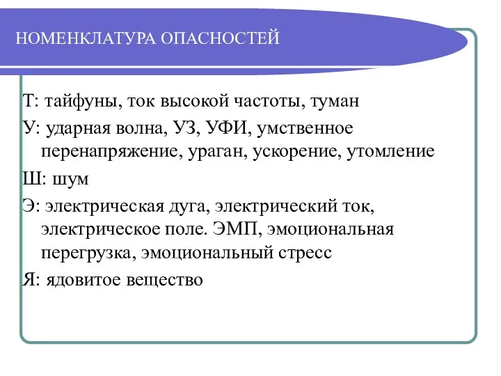 НОМЕНКЛАТУРА ОПАСНОСТЕЙ Т: тайфуны, ток высокой частоты, туман У: ударная