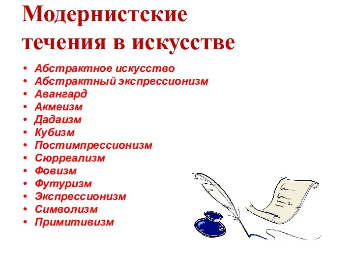 Модернистские течения в искусстве Абстрактное искусство Абстрактный экспрессионизм Авангард Акмеизм