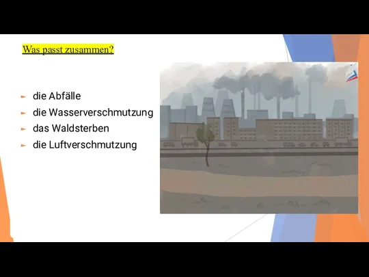 Was passt zusammen? die Abfälle die Wasserverschmutzung das Waldsterben die Luftverschmutzung