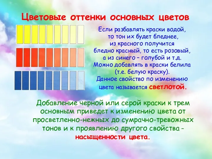 Цветовые оттенки основных цветов Если разбавлять краски водой, то тон