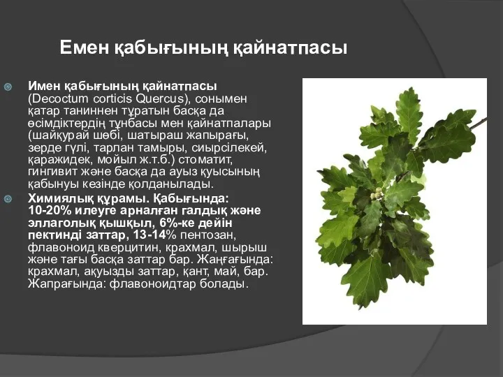 Емен қабығының қайнатпасы Имен қабығының қайнатпасы(Decoctum corticis Quercus), сонымен қатар