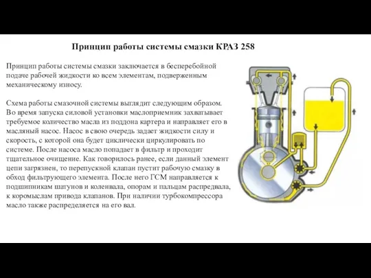 Принцип работы системы смазки заключается в бесперебойной подаче рабочей жидкости