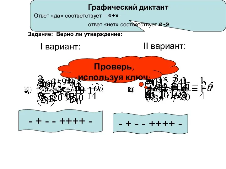 Графический диктант Ответ «да» соответствует – «+» ответ «нет» соответствует