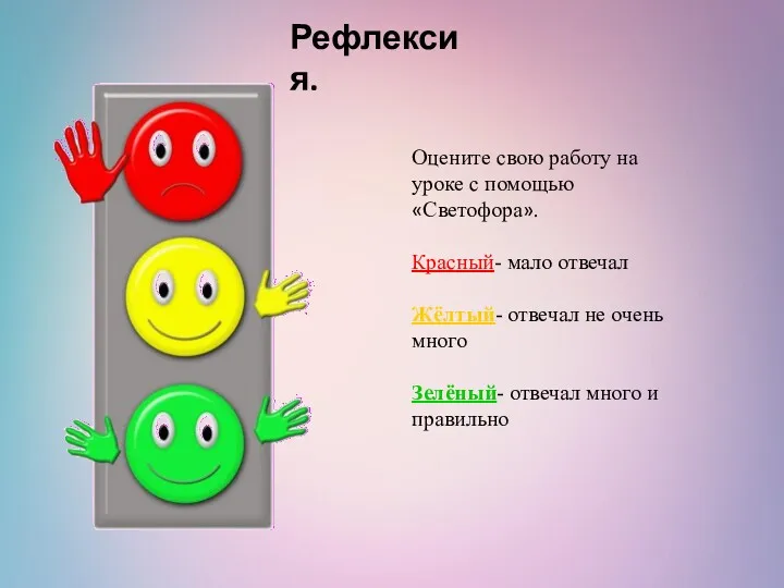 Рефлексия. Оцените свою работу на уроке с помощью «Светофора». Красный-