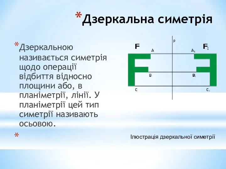 Дзеркальна симетрія Дзеркальною називається симетрія щодо операції відбиття відносно площини