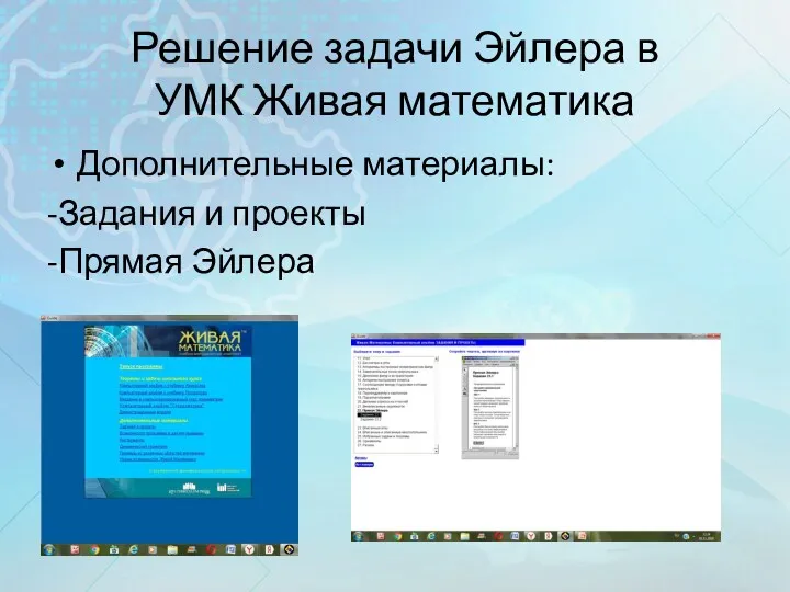 Решение задачи Эйлера в УМК Живая математика Дополнительные материалы: -Задания и проекты -Прямая Эйлера