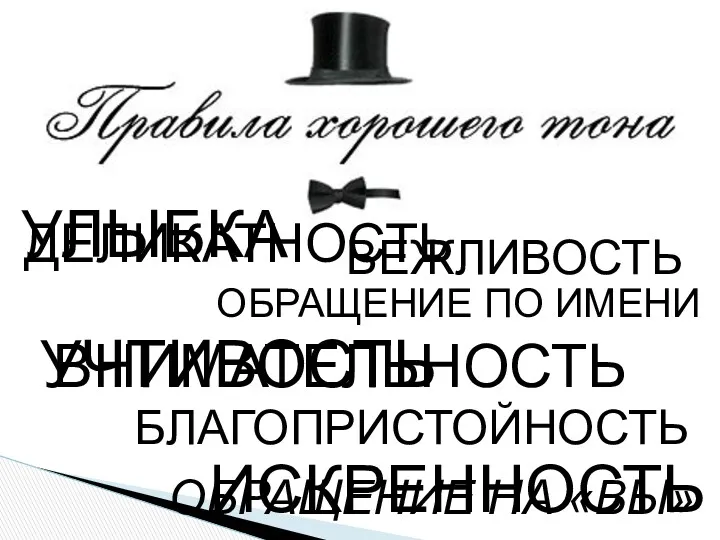 УЧТИВОСТЬ ВЕЖЛИВОСТЬ БЛАГОПРИСТОЙНОСТЬ ОБРАЩЕНИЕ НА «ВЫ» УЛЫБКА ОБРАЩЕНИЕ ПО ИМЕНИ ИСКРЕННОСТЬ ВНИМАТЕЛЬНОСТЬ ДЕЛИКАТНОСТЬ