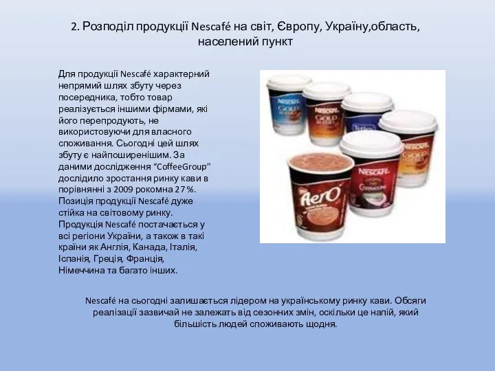 2. Розподіл продукції Nescafé на світ, Європу, Україну,область, населений пункт Для продукції Nescafé