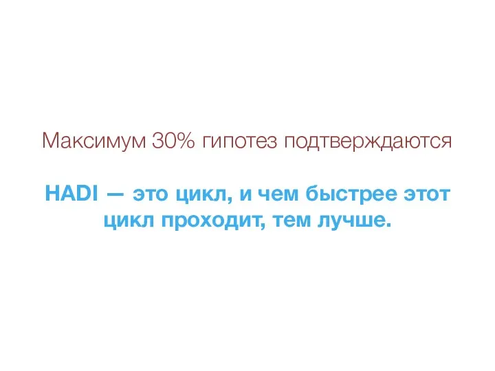 Максимум 30% гипотез подтверждаются HADI — это цикл, и чем быстрее этот цикл проходит, тем лучше.