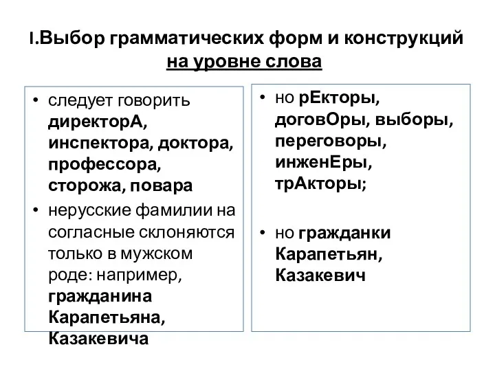 I.Выбор грамматических форм и конструкций на уровне слова следует говорить