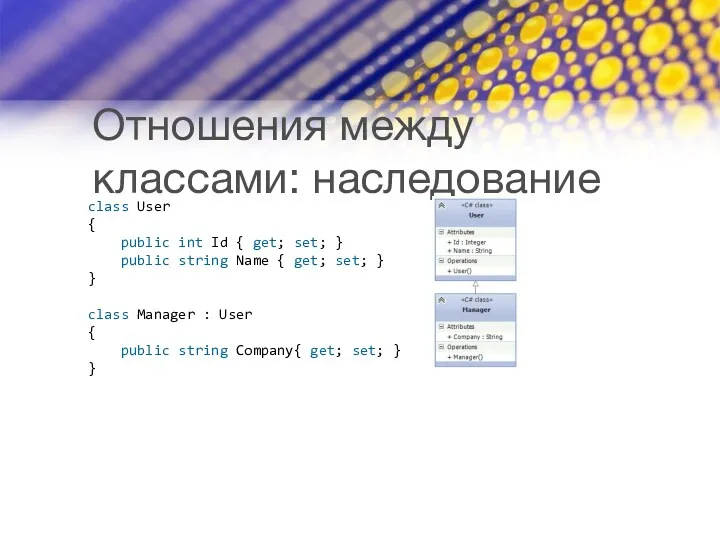 Отношения между классами: наследование class User { public int Id