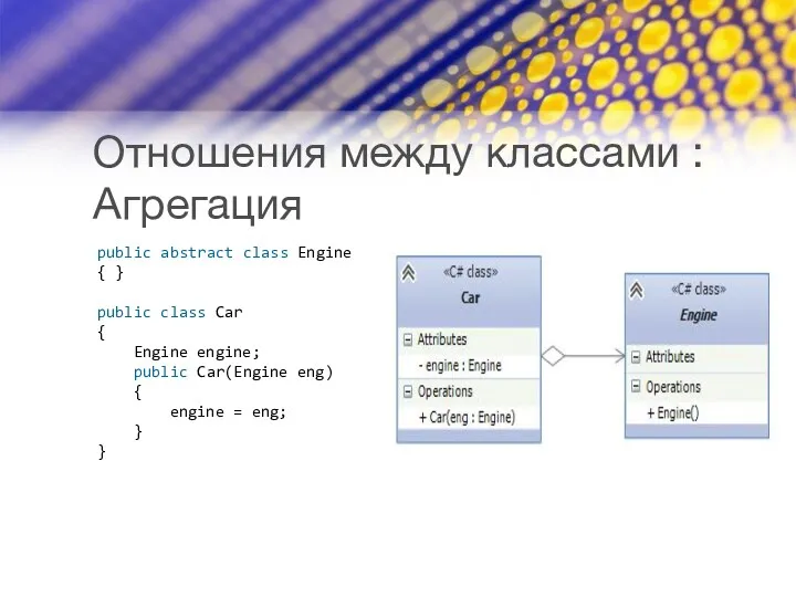 Отношения между классами : Агрегация public abstract class Engine {