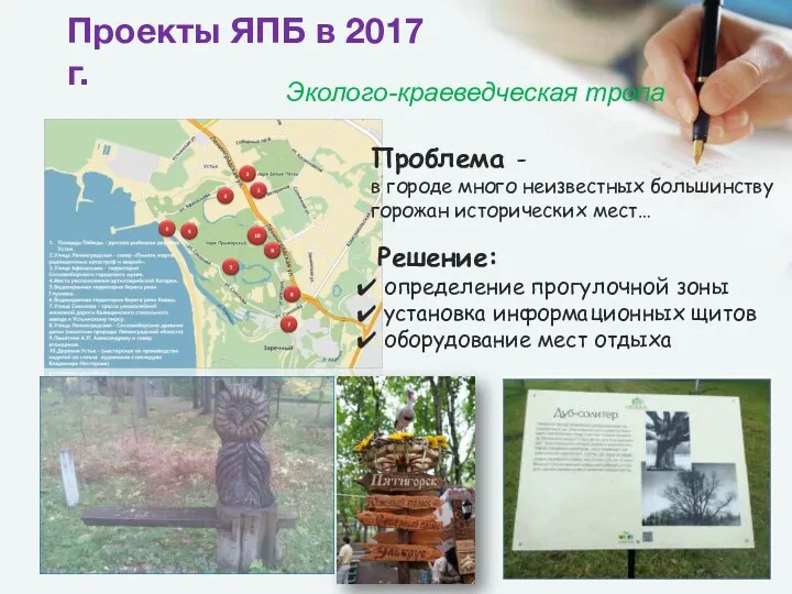 Эколого-краеведческая тропа Проекты ЯПБ в 2017 г. Проблема - в