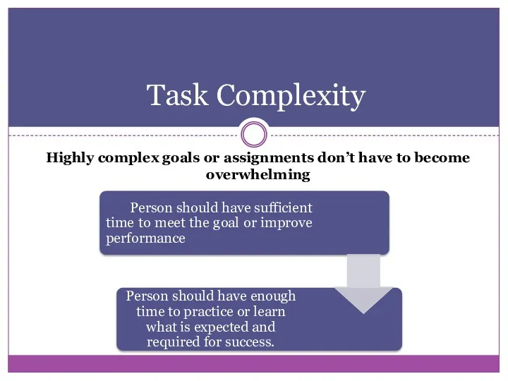 Task Complexity Highly complex goals or assignments don’t have to become overwhelming